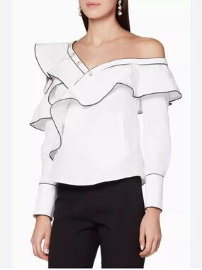 Self-Portrait White Off-Shoulder Ruffle Top with Black Piping